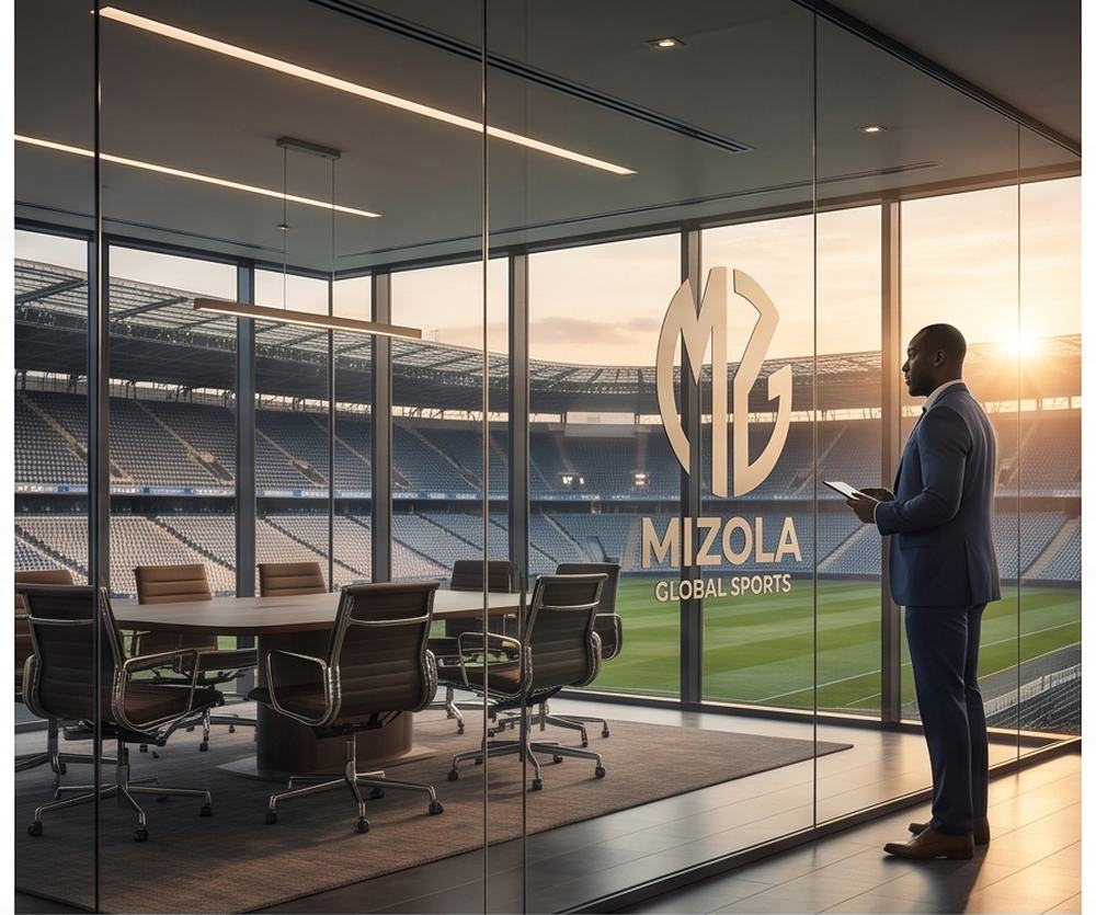 Mizola Global Sports meeting room overlooking a stadium at sunrise