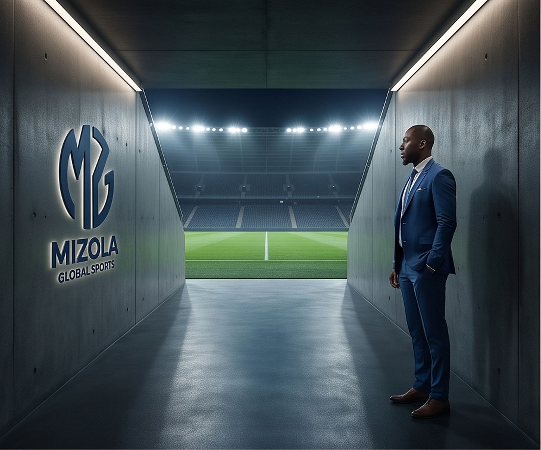 Stadium players' tunnel with the Mizola Global Sports mark cast into the concrete wall