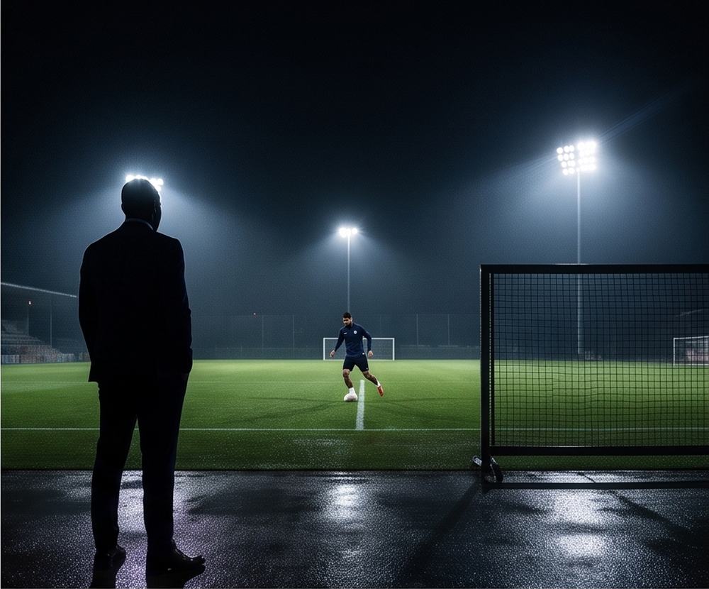 Mizola agent watching a player train under floodlights