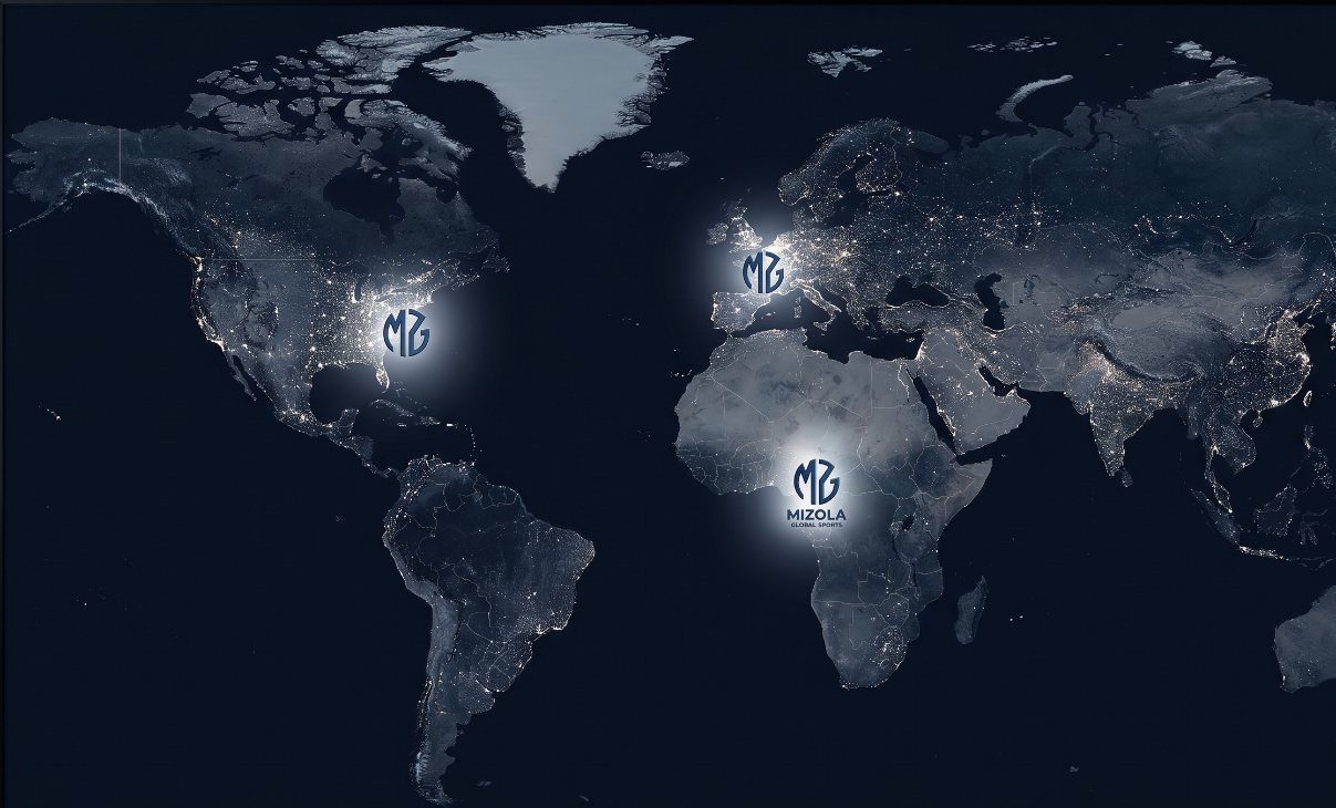 World map showing Mizola Global Sports areas of operation in North America, Europe and Africa